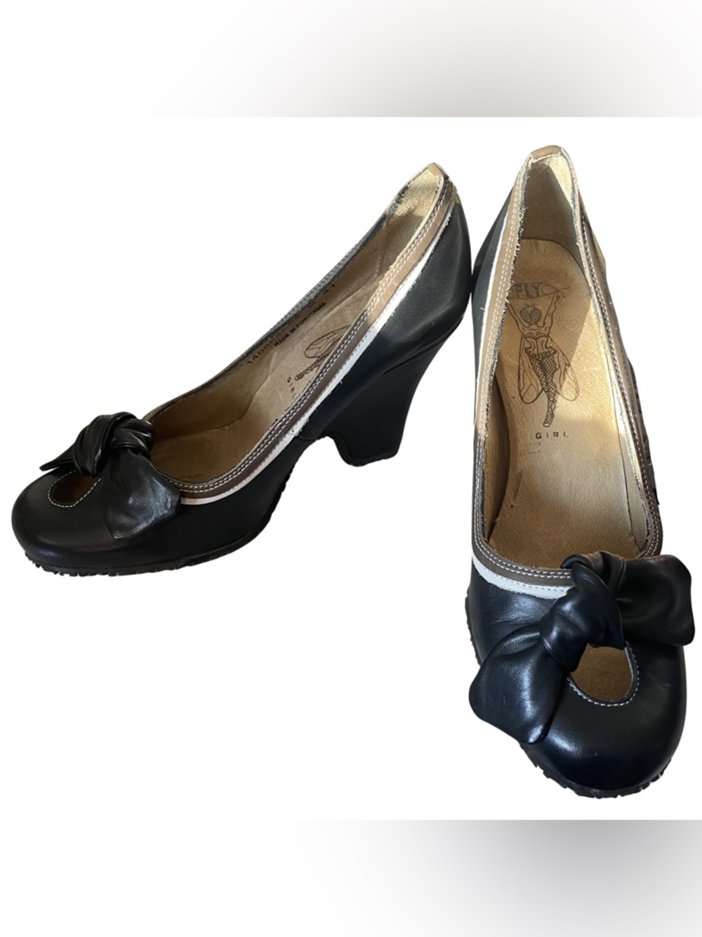 Fly London Black Leather Wedge Heels Peep Toe Bow Size 41 EU